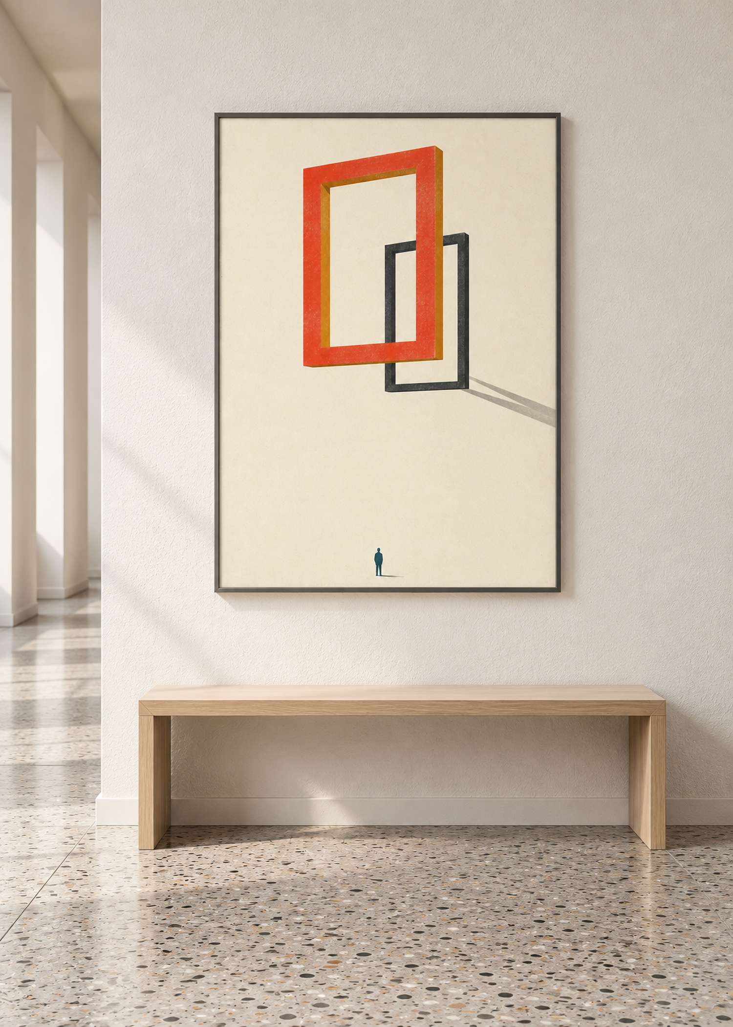 Only the Rear Frame Casts in a graphite frame above a pale bench in a museum corridor.