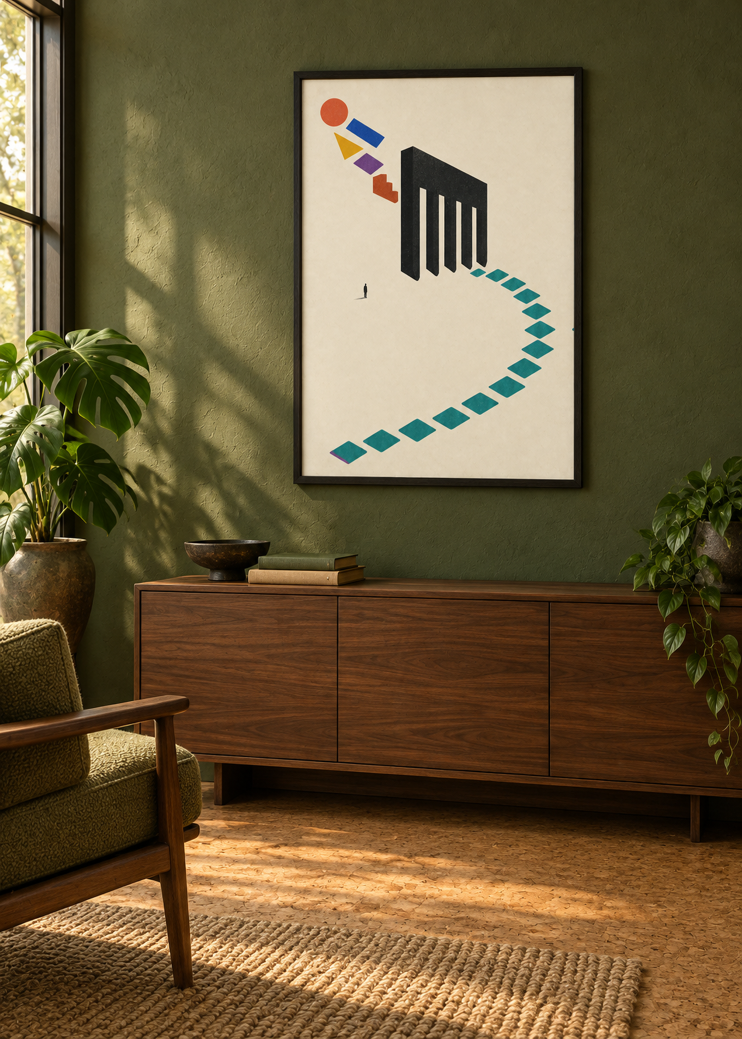 Difference Goes In in a blackened oak frame in a moss green listening room.