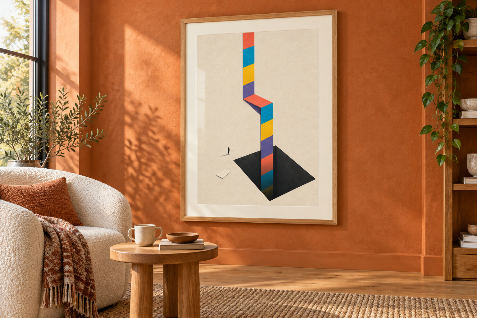No Floor in the Feed framed in a warm orange reading nook with a chair and dry timber floor.