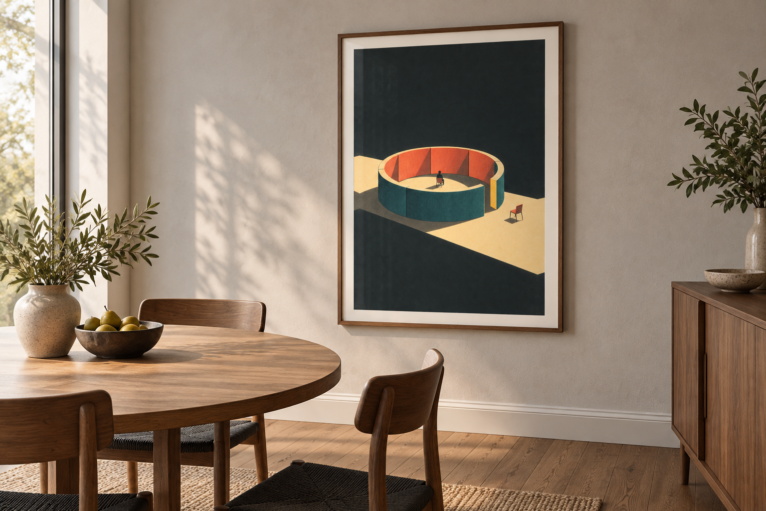 The Opening Faces Away framed in a warm modern dining room with an oak table and dry timber floor.