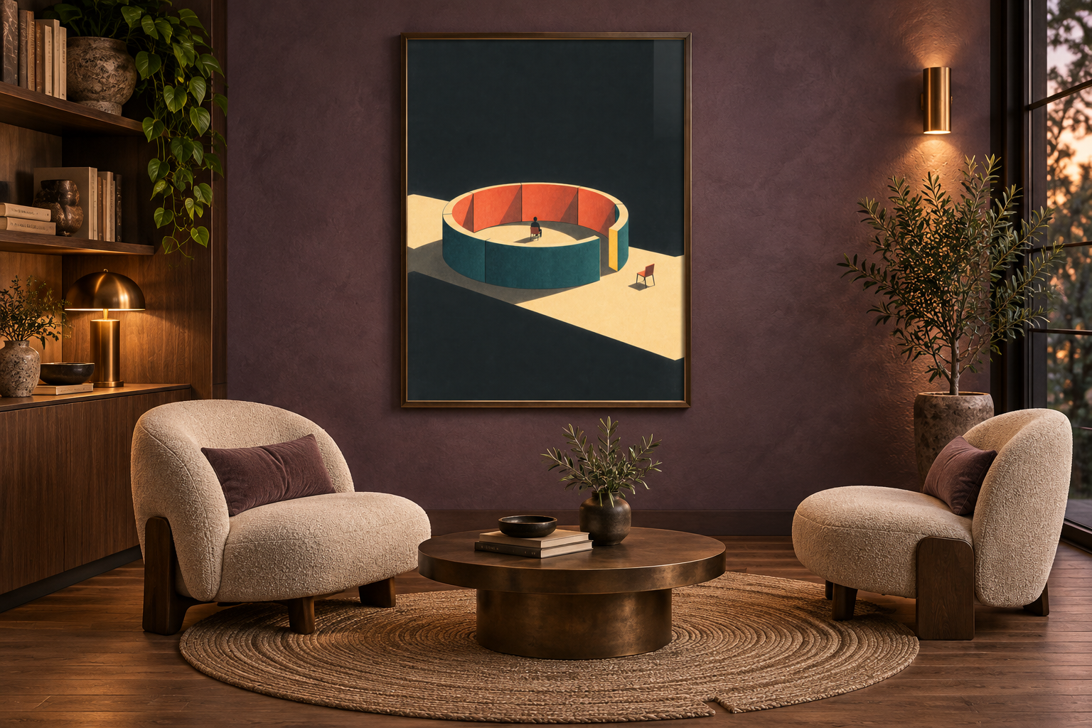 The Opening Faces Away framed in a violet conversation salon with two chairs and a broken-ring woven rug.