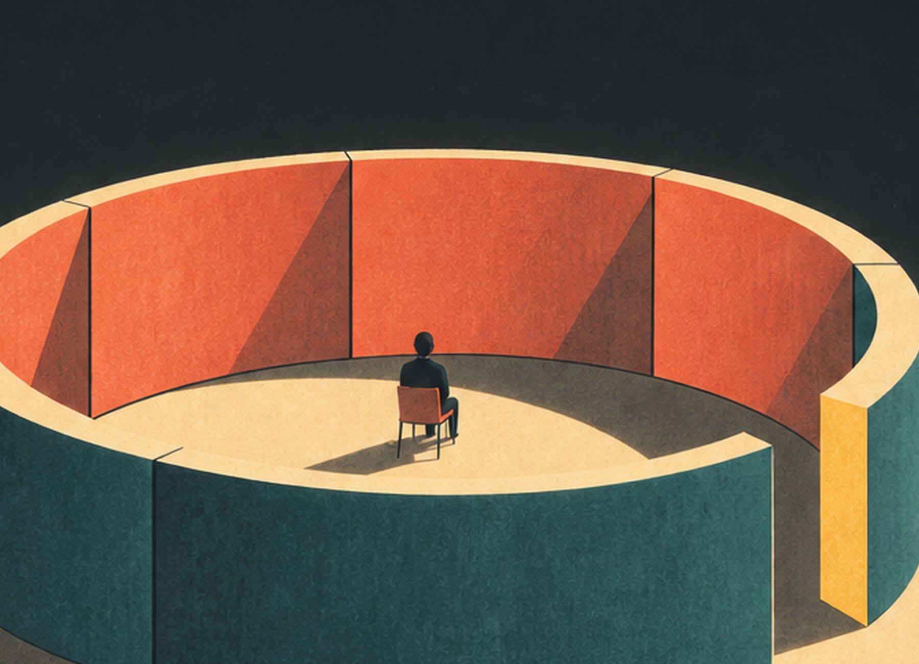 Artwork detail from The Opening Faces Away showing the incomplete circular enclosure and solitary seated figure.