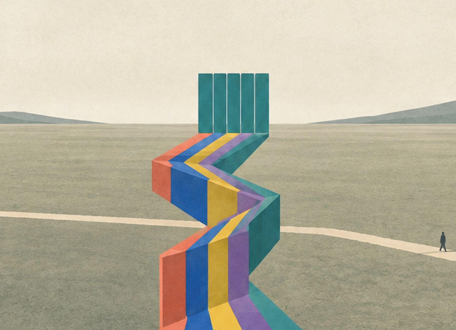 Artwork detail from The Path Returns Narrower showing colourful routes compressing into repeated bends beside an open path.