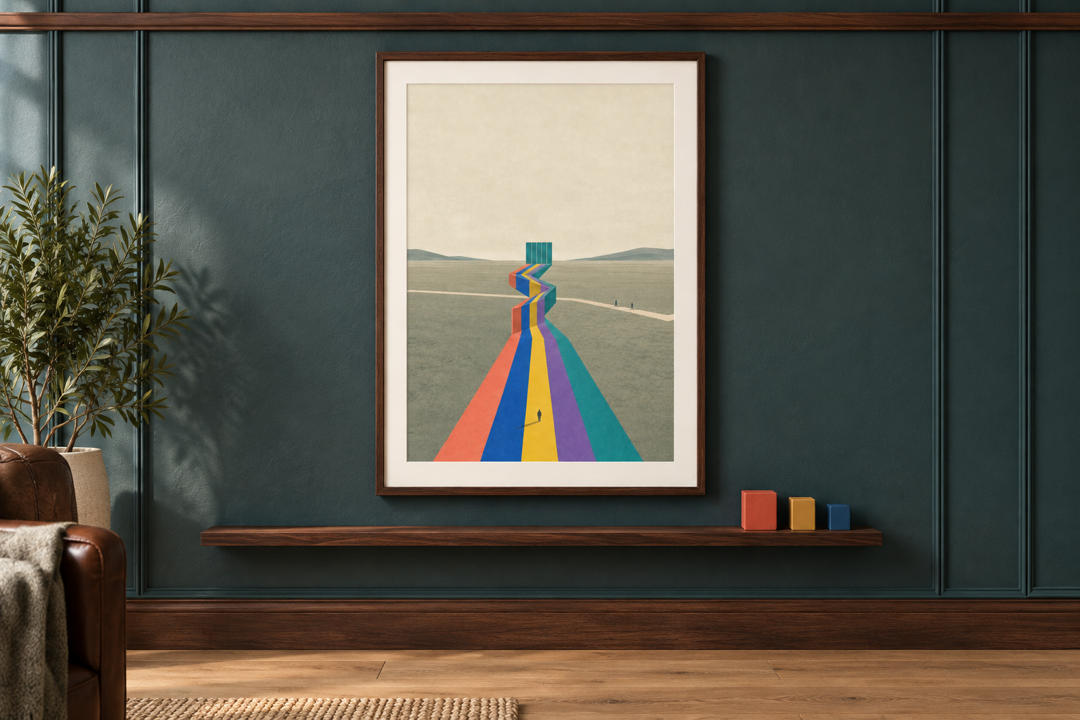 The Path Returns Narrower framed on a deep teal library wall above three progressively narrower colour blocks.
