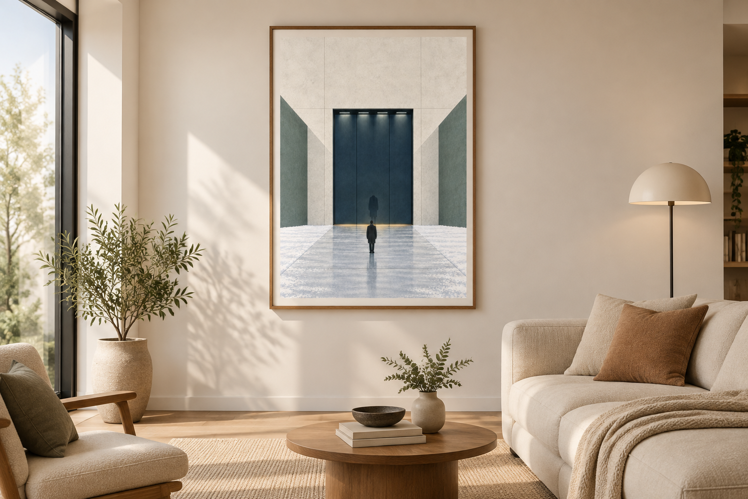 SEV-04 art print displayed in an ordinary contemporary home interior.