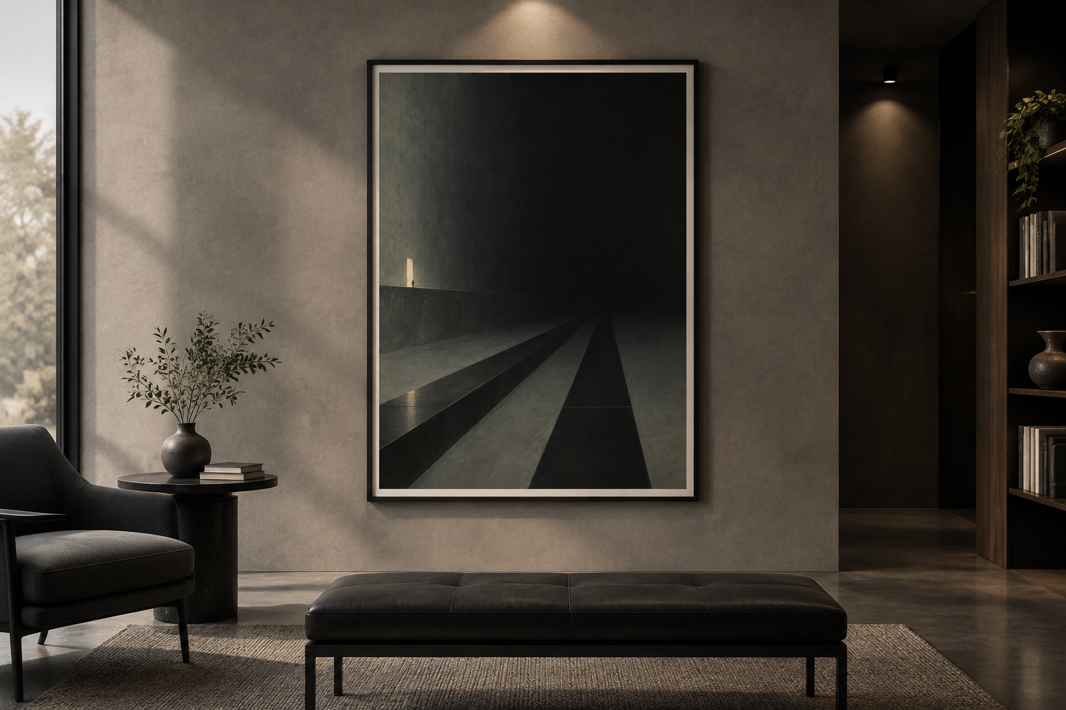 LHC-04 art print displayed in an atmospheric contemporary interior.