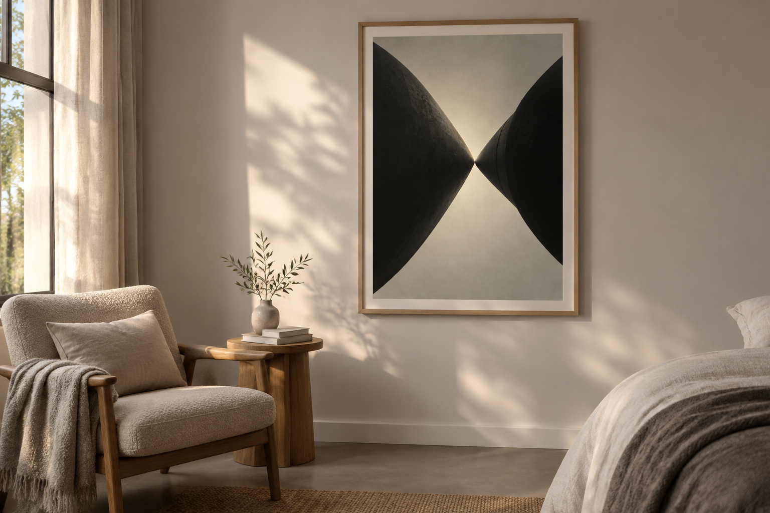 Two Needles at Midnight — Collider Futures Art Print art print displayed in an ordinary contemporary home interior.