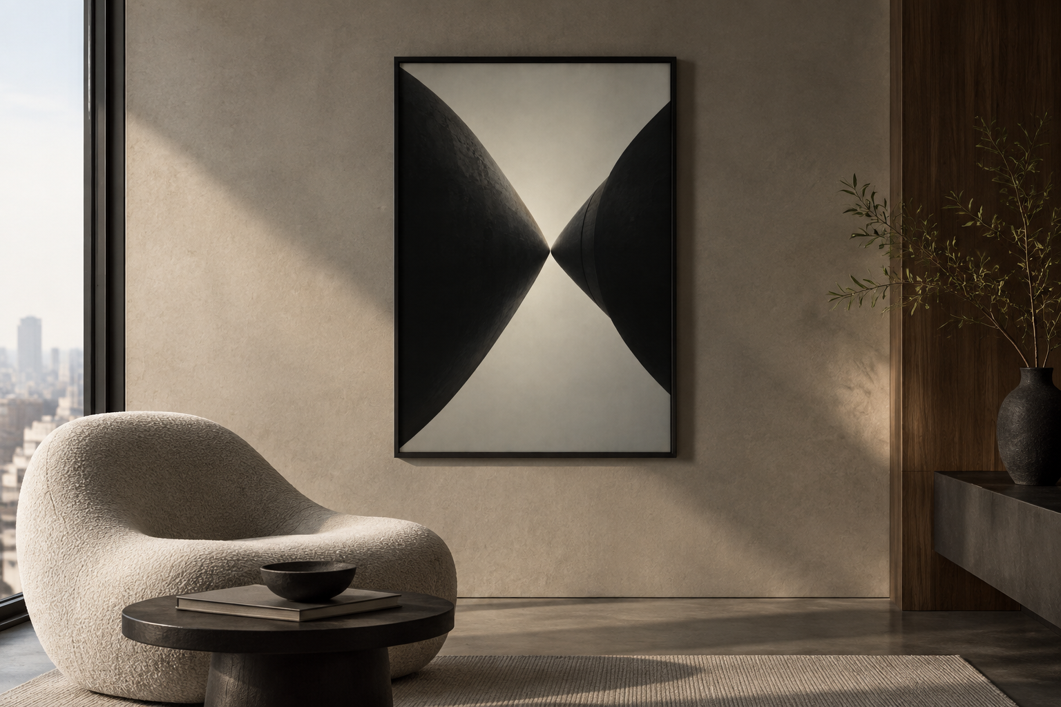 Two Needles at Midnight — Collider Futures Art Print art print displayed in an atmospheric contemporary interior.
