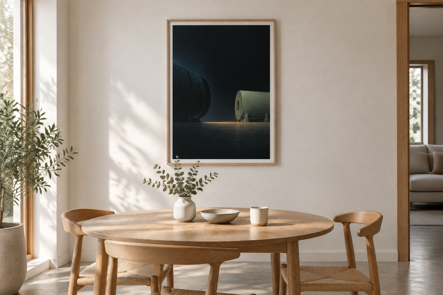 The Machine Between Eras — Collider Futures Art Print art print displayed in an ordinary contemporary home interior.