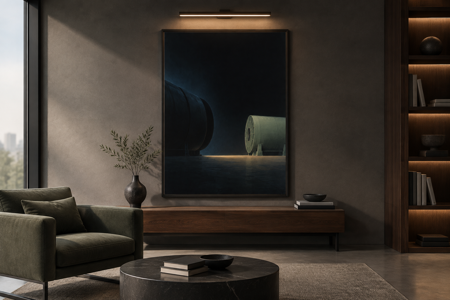 The Machine Between Eras — Collider Futures Art Print art print displayed in an atmospheric contemporary interior.