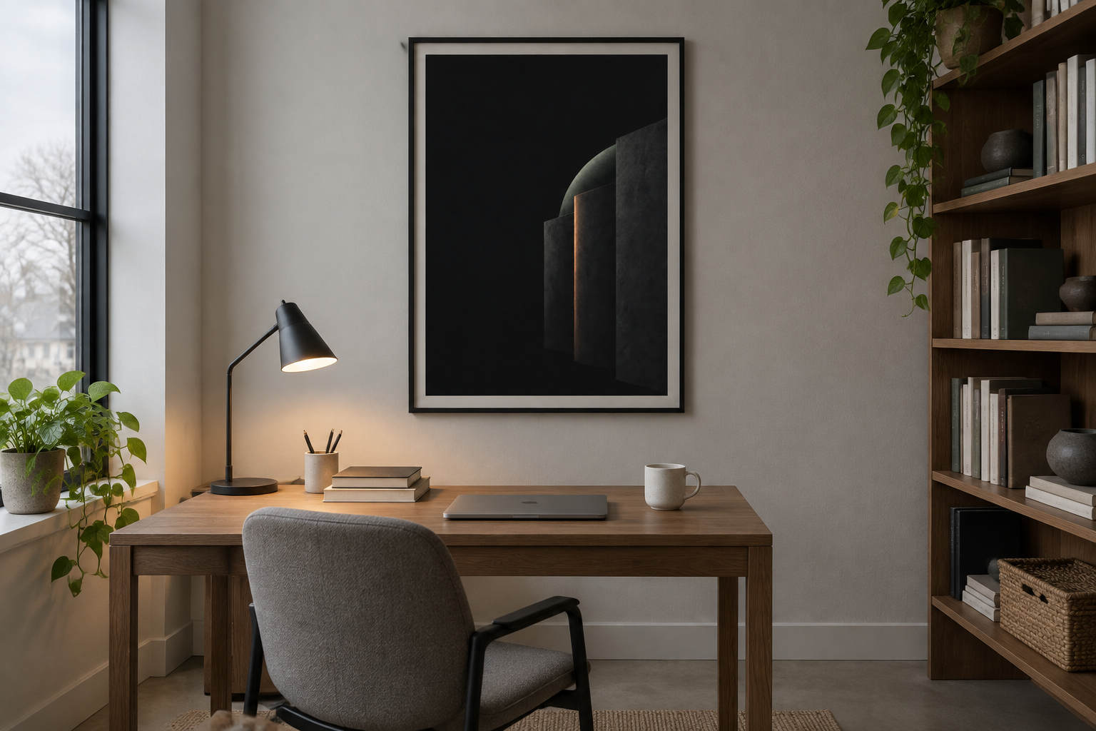 The Kindness of Collimators — Collider Futures Art Print art print displayed in an ordinary contemporary home interior.