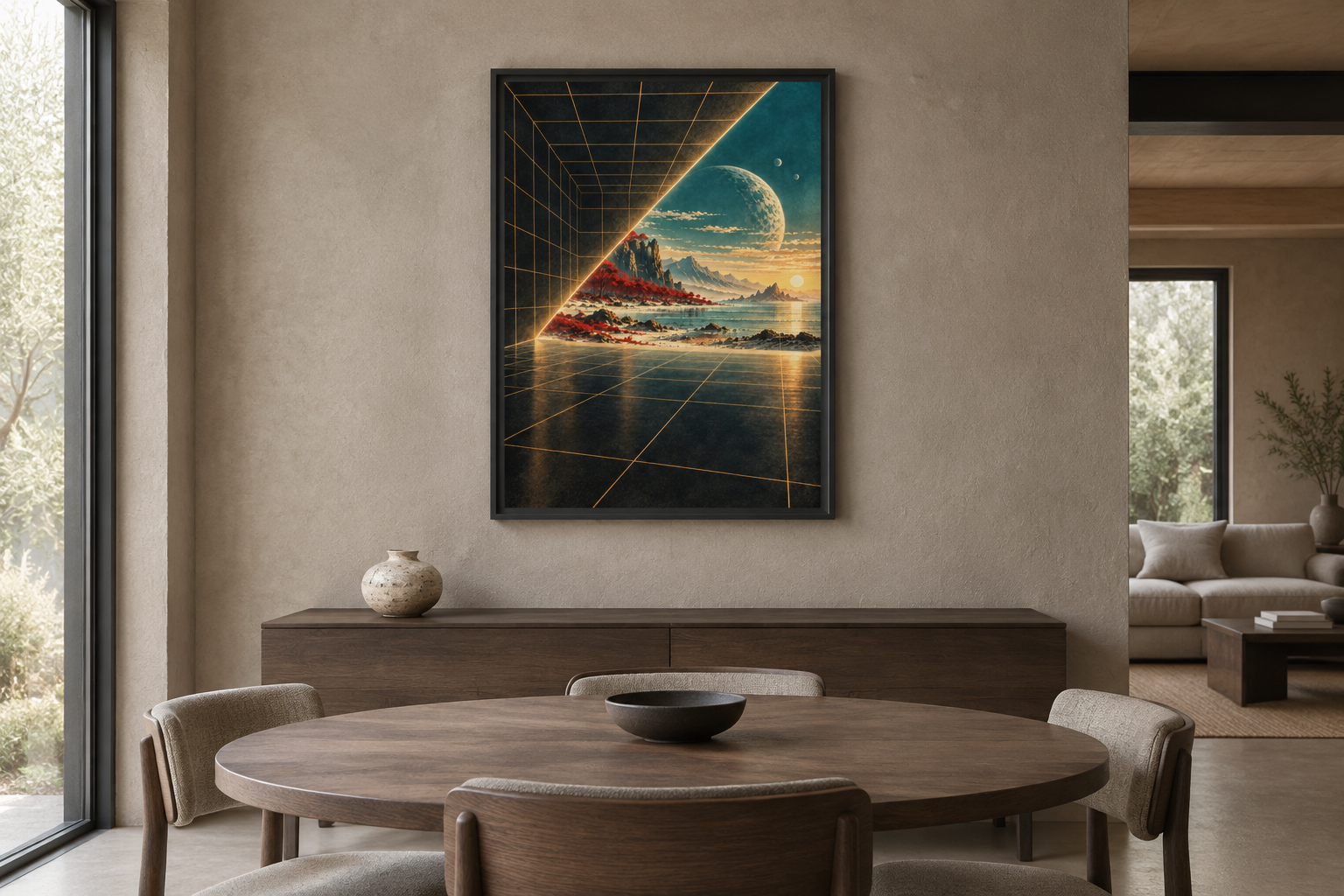 The World Between Walls art print displayed in an ordinary contemporary home interior.