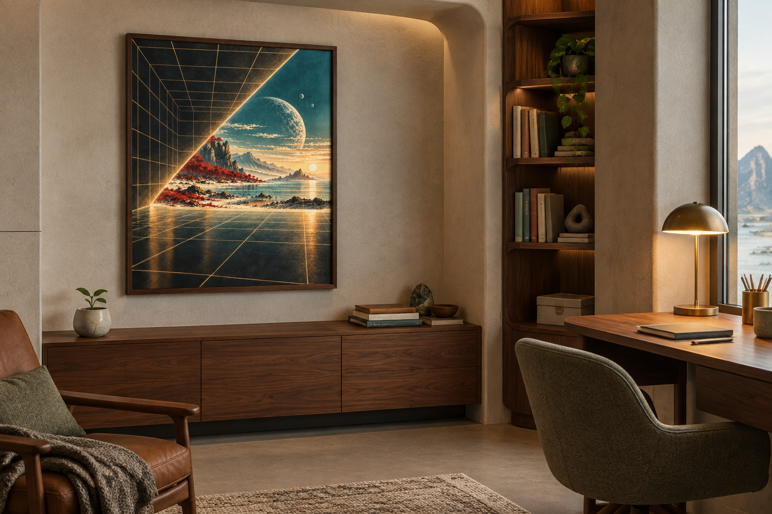 The World Between Walls art print displayed in an atmospheric contemporary interior.