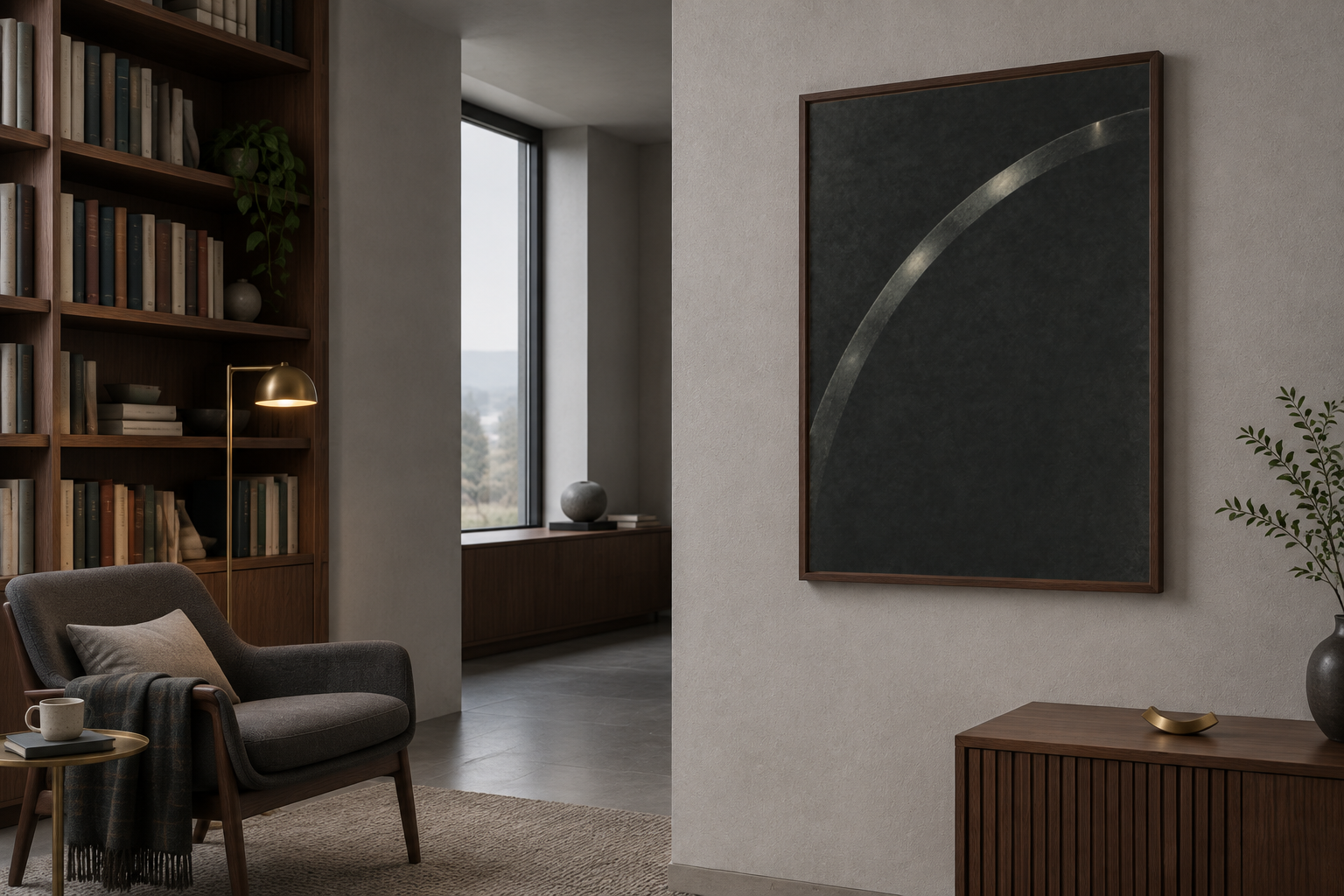 The Long Stable Hour — Collider Futures Art Print art print displayed in an atmospheric contemporary interior.