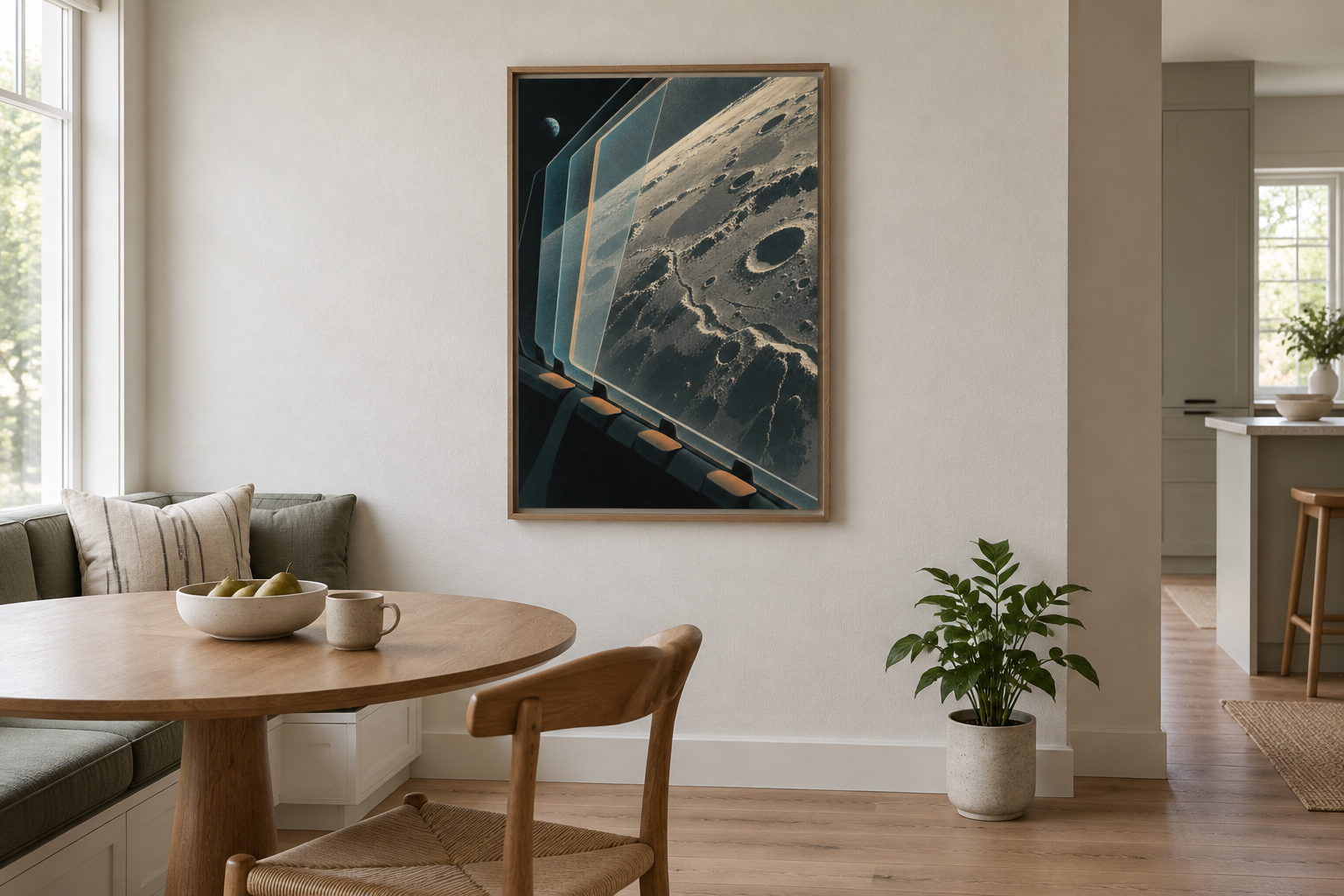 The Long Observation — Artemis II-inspired Art Print art print displayed in an ordinary contemporary home interior.