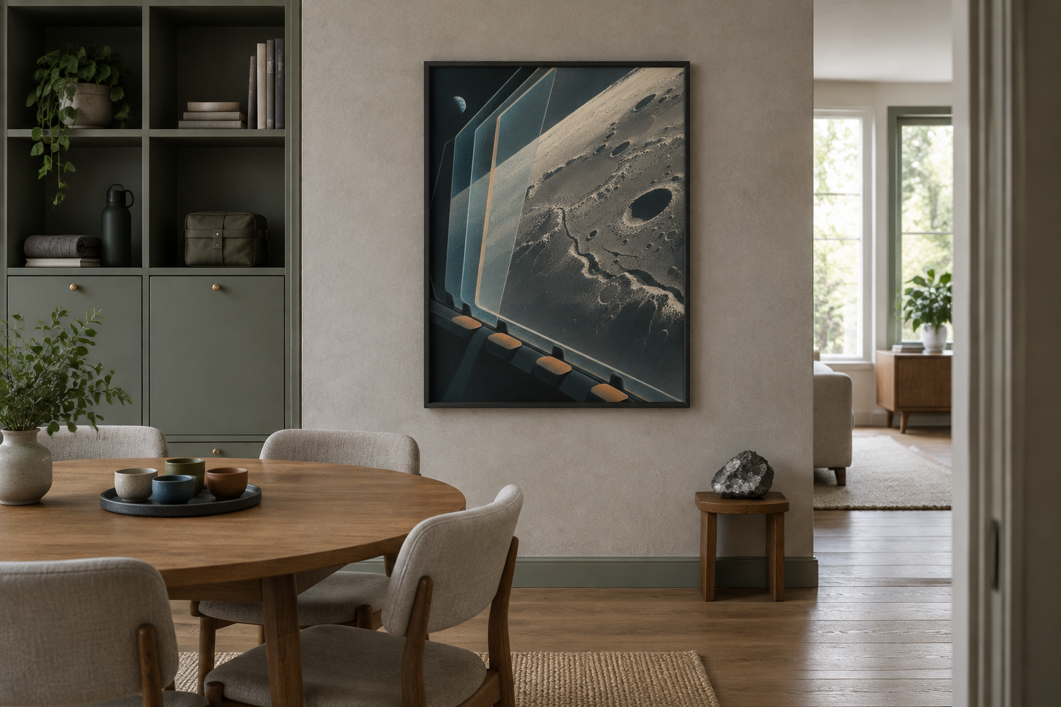 The Long Observation — Artemis II-inspired Art Print art print displayed in an atmospheric contemporary interior.