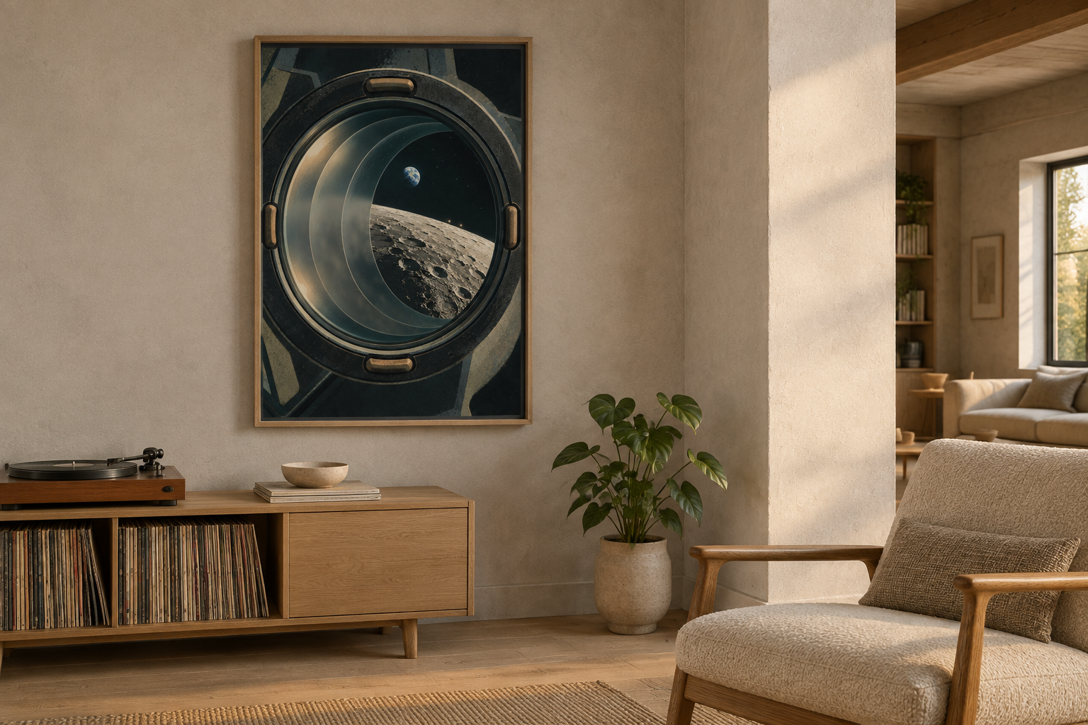 Line of Sight — Artemis II-inspired Art Print art print displayed in an ordinary contemporary home interior.