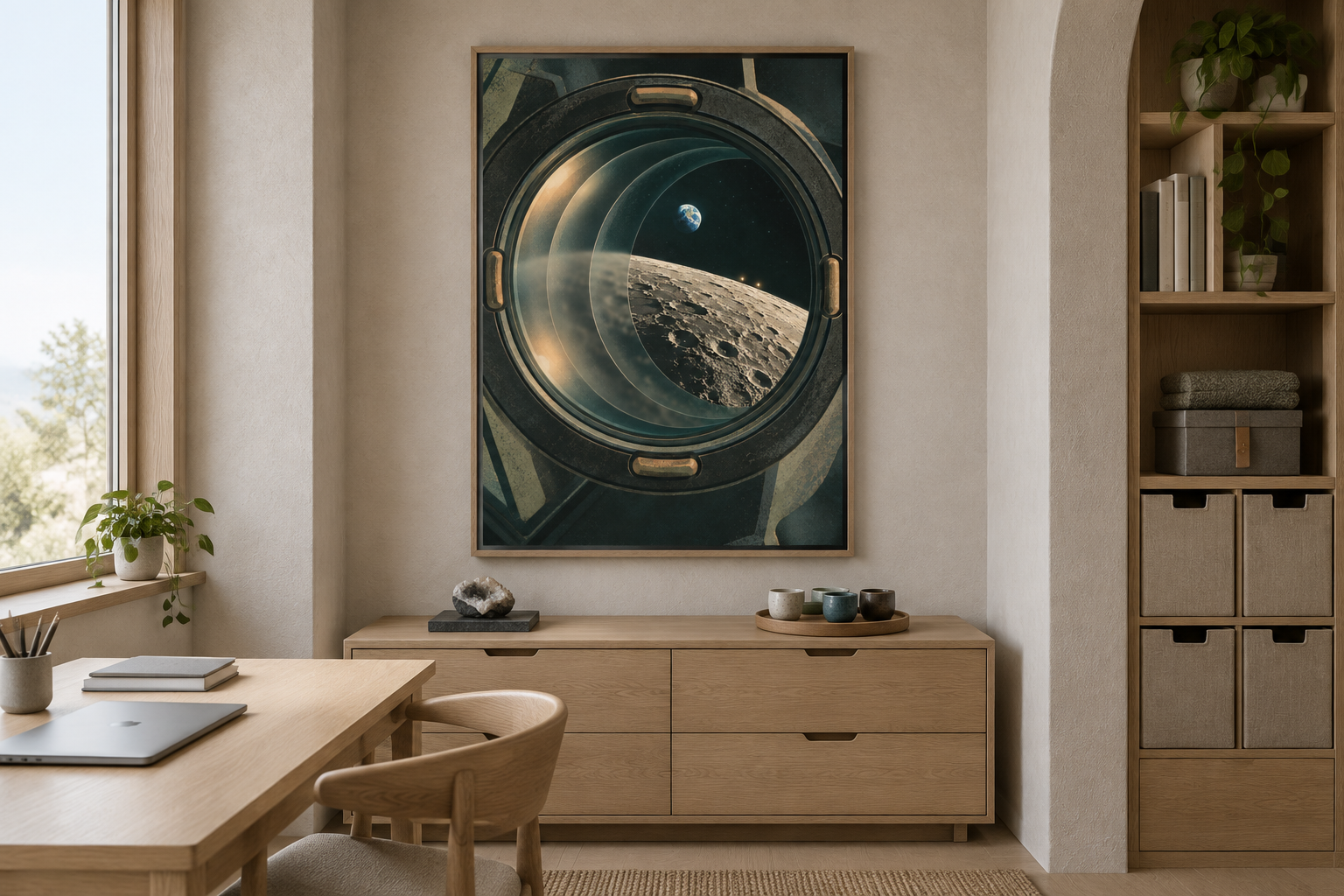 Line of Sight — Artemis II-inspired Art Print art print displayed in an atmospheric contemporary interior.