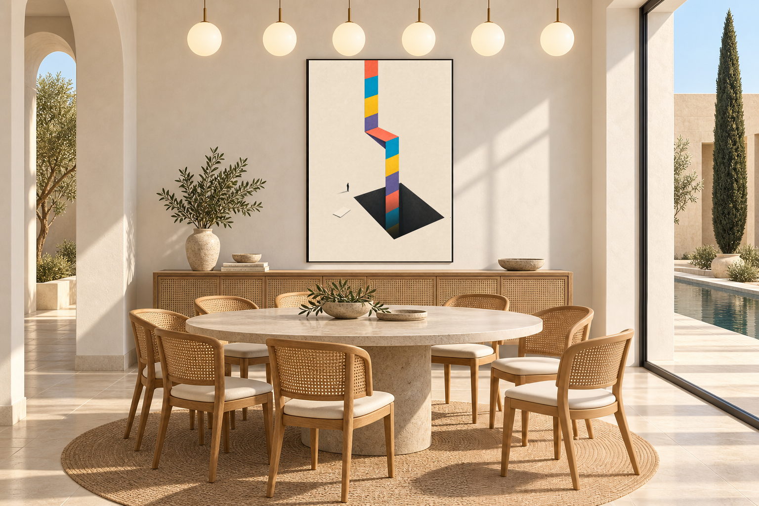Dining room with colourful folded ribbon descending into a black rectangular shaft beside a tiny figure on a cream landing.