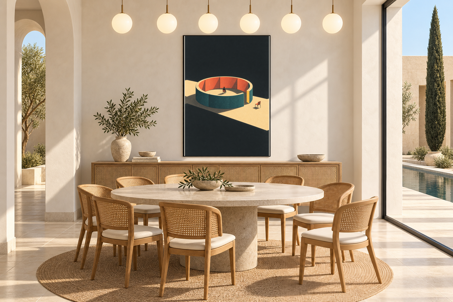 Dining room with large segmented colour ring surrounding a small seated figure, with an empty chair beyond the opening.
