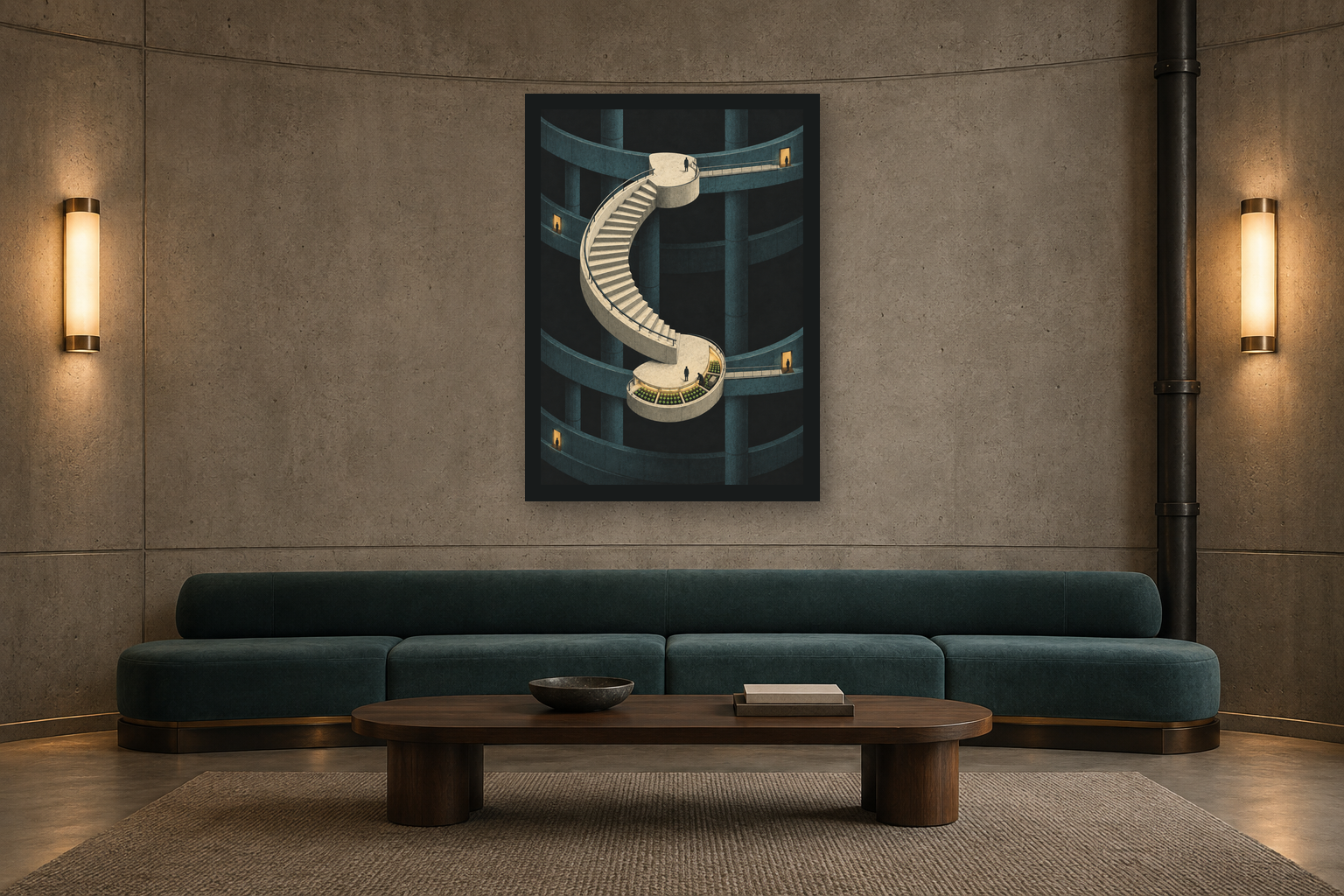 The Grow Landing art print in a charcoal frame above a petrol-teal bench in an original underground concrete communal lounge with two warm wall lights.