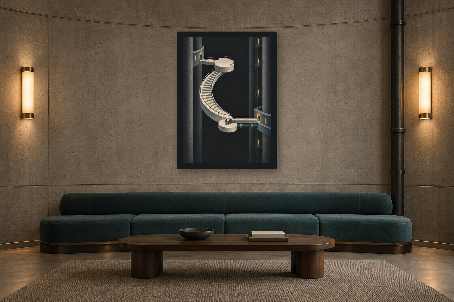 The Pressure Line art print in a charcoal frame above a petrol-teal bench in an original underground concrete communal lounge with two warm wall lights.