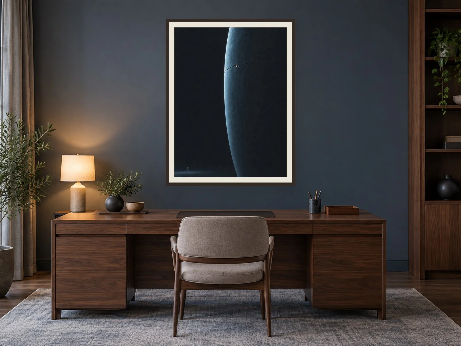 The Cold Meridian framed above a quiet walnut study, with a warm table lamp switched on.