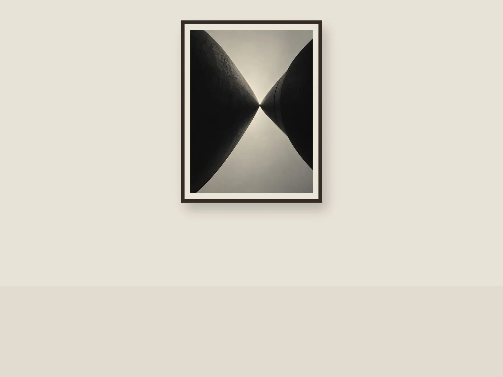 Two Needles at Midnight abstract art print in a slim dark-walnut frame on an off-white wall.