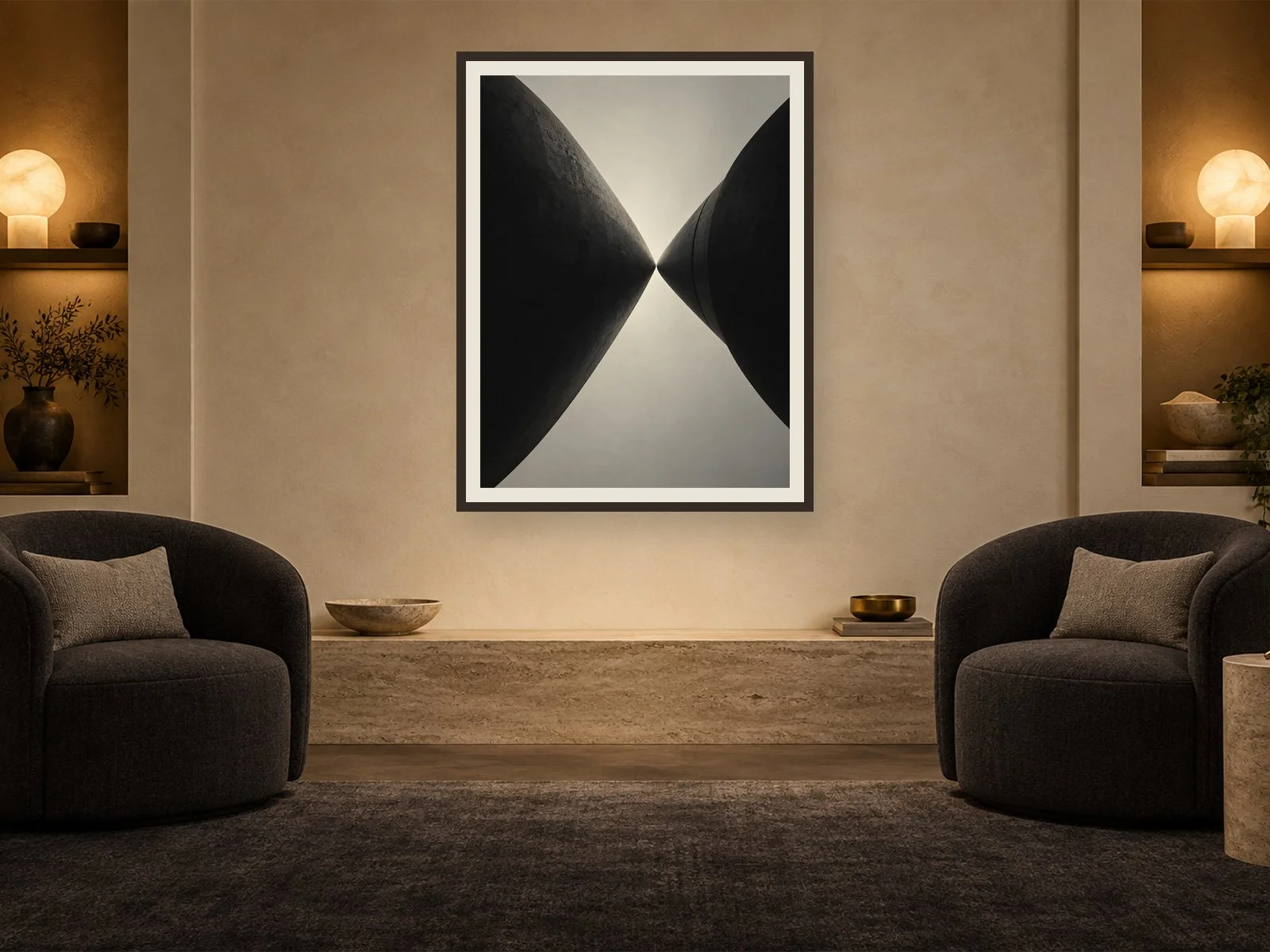 Two Needles at Midnight framed in a cream and charcoal salon with lit stone lamps and two crossing brass needles.