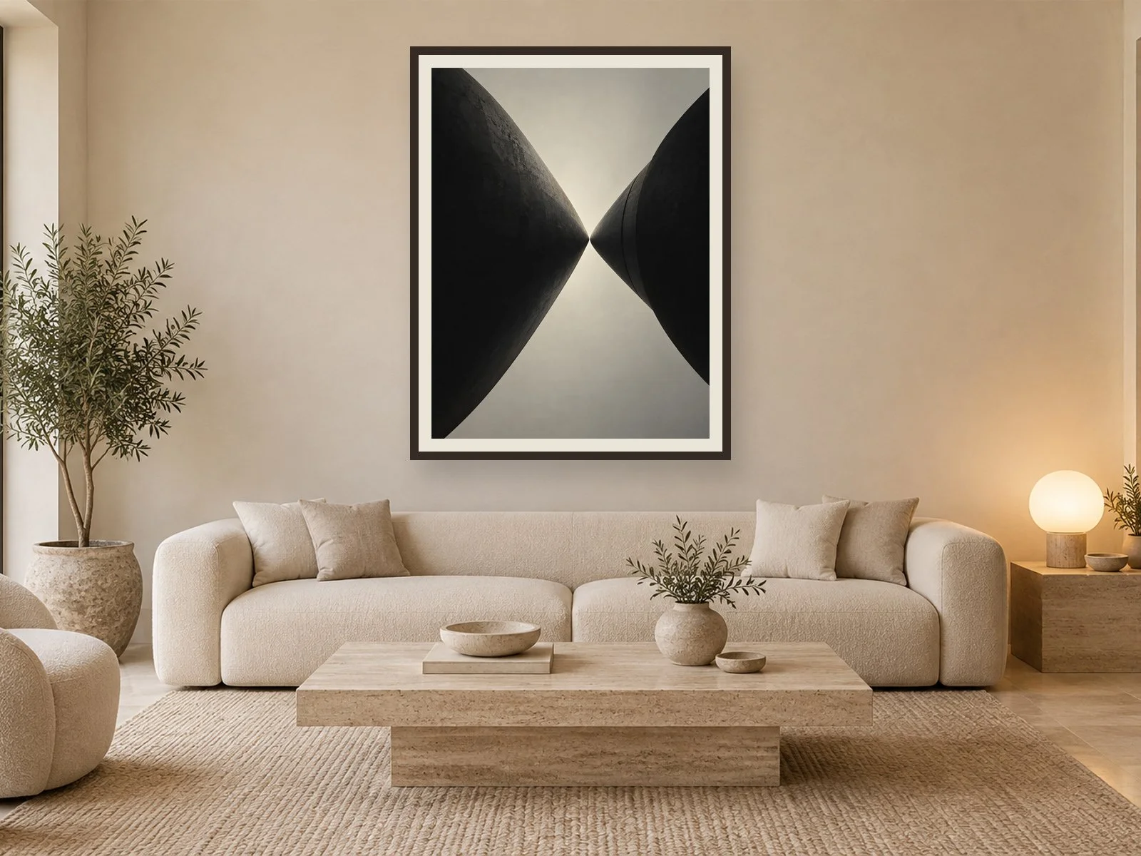 Two Needles at Midnight framed in a travertine living room beside a lit opal-glass lamp.