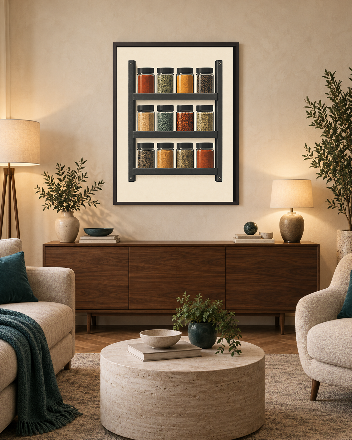 The First Jar art print displayed in a bright contemporary living room with warm wood and neutral upholstery.