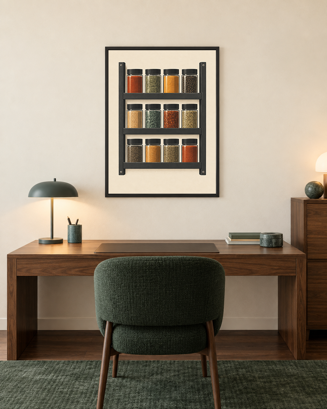The First Jar art print above a walnut desk in a calm ivory and deep-green study.