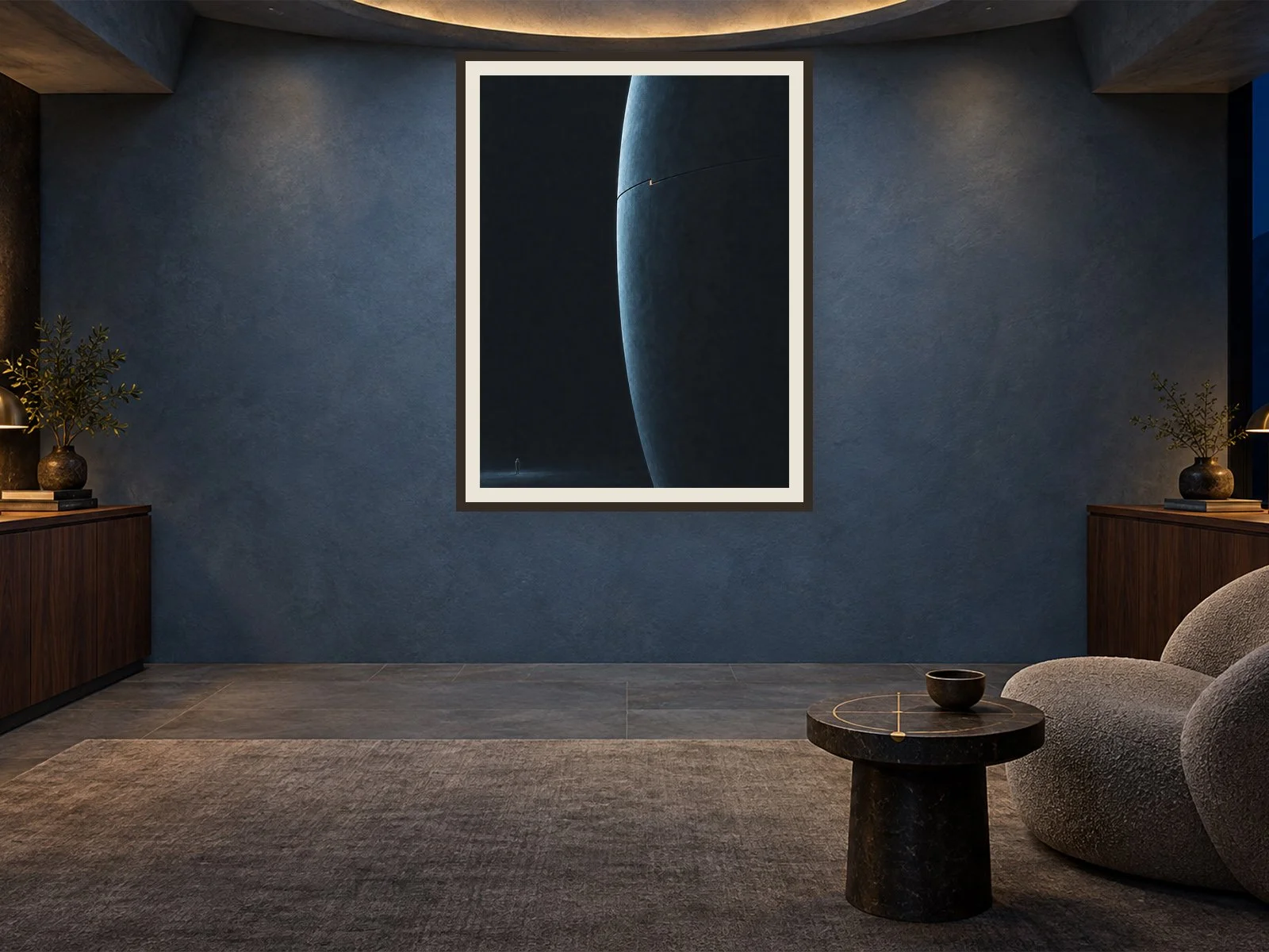 The Cold Meridian framed in a mineral-blue observatory study with lit brass lamps and a subtle meridian inlay.