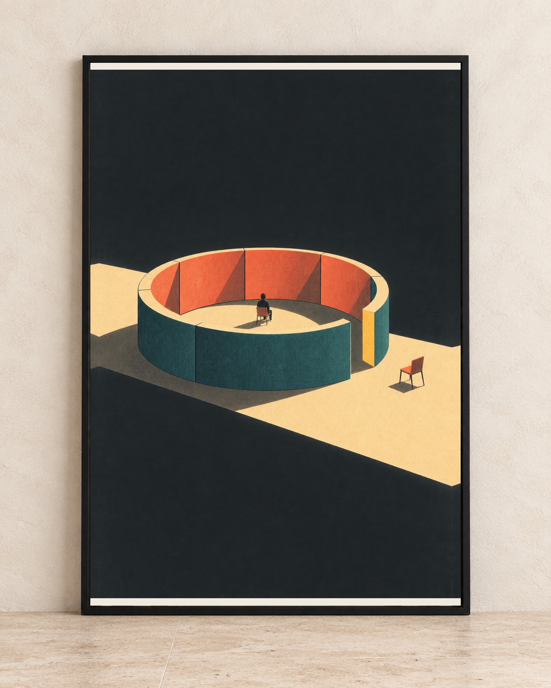 Large segmented colour ring surrounding a small seated figure, with an empty chair beyond the opening.