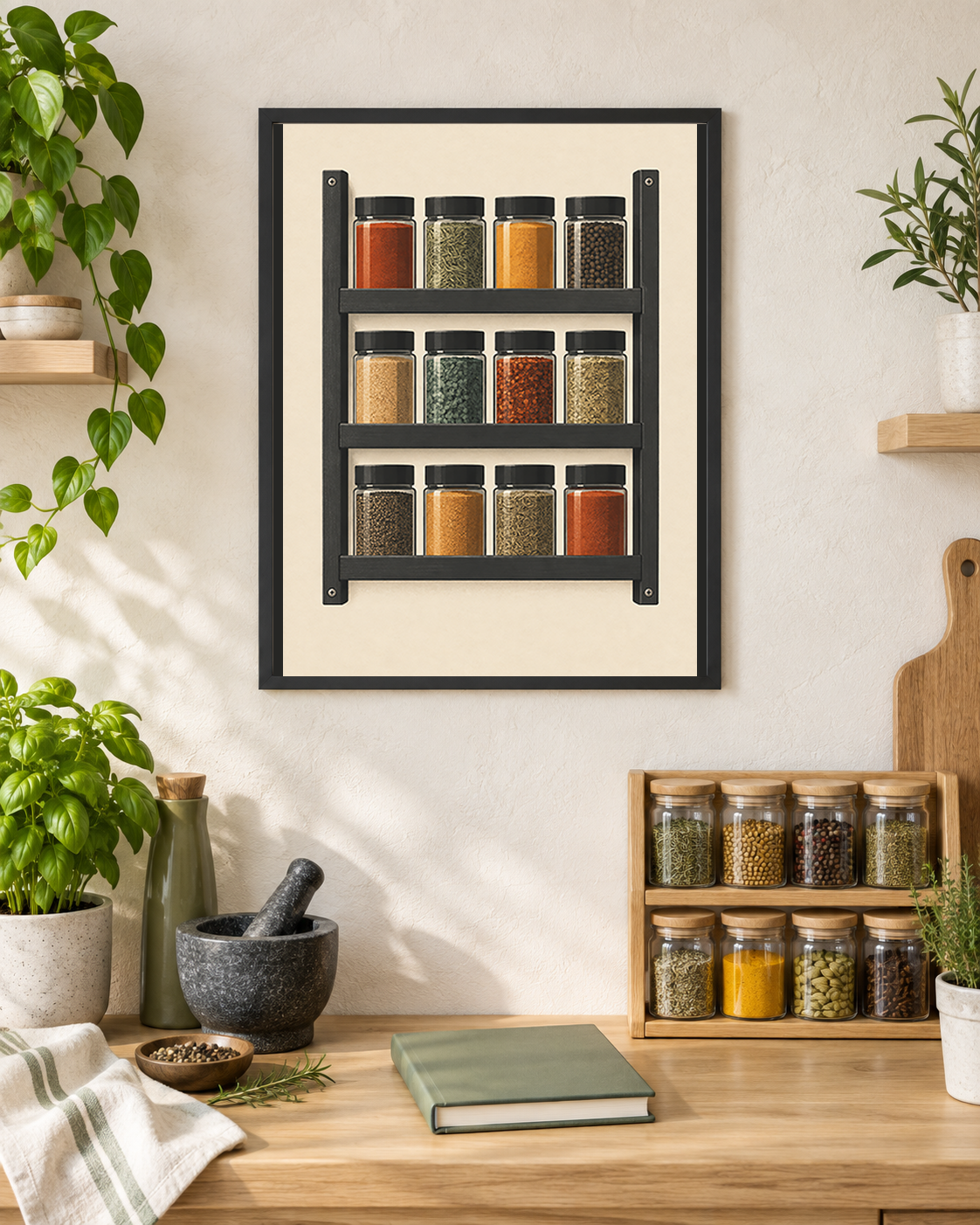 The First Jar art print displayed in a bright spice-preparation nook with herbs, glass jars, a mortar and a closed recipe notebook.