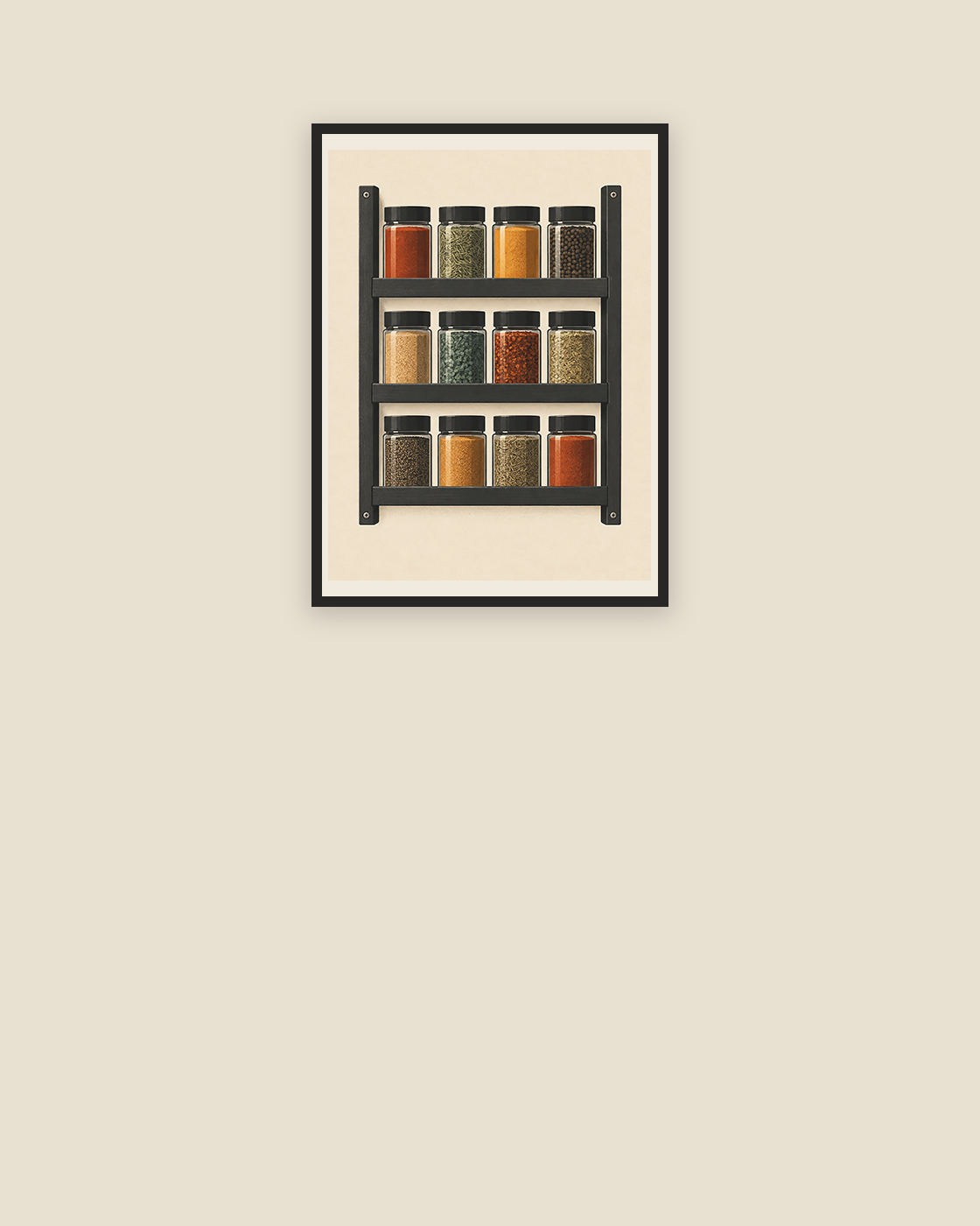 The First Jar modernist spice-rack art print with twelve glass jars on three charcoal shelves in a slim dark frame.
