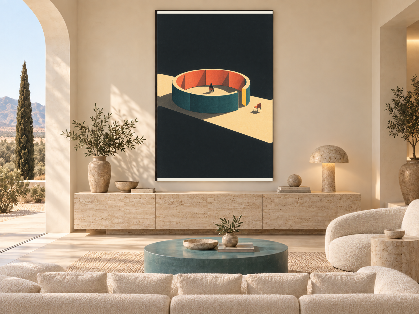 Living room with large segmented colour ring surrounding a small seated figure, with an empty chair beyond the opening.