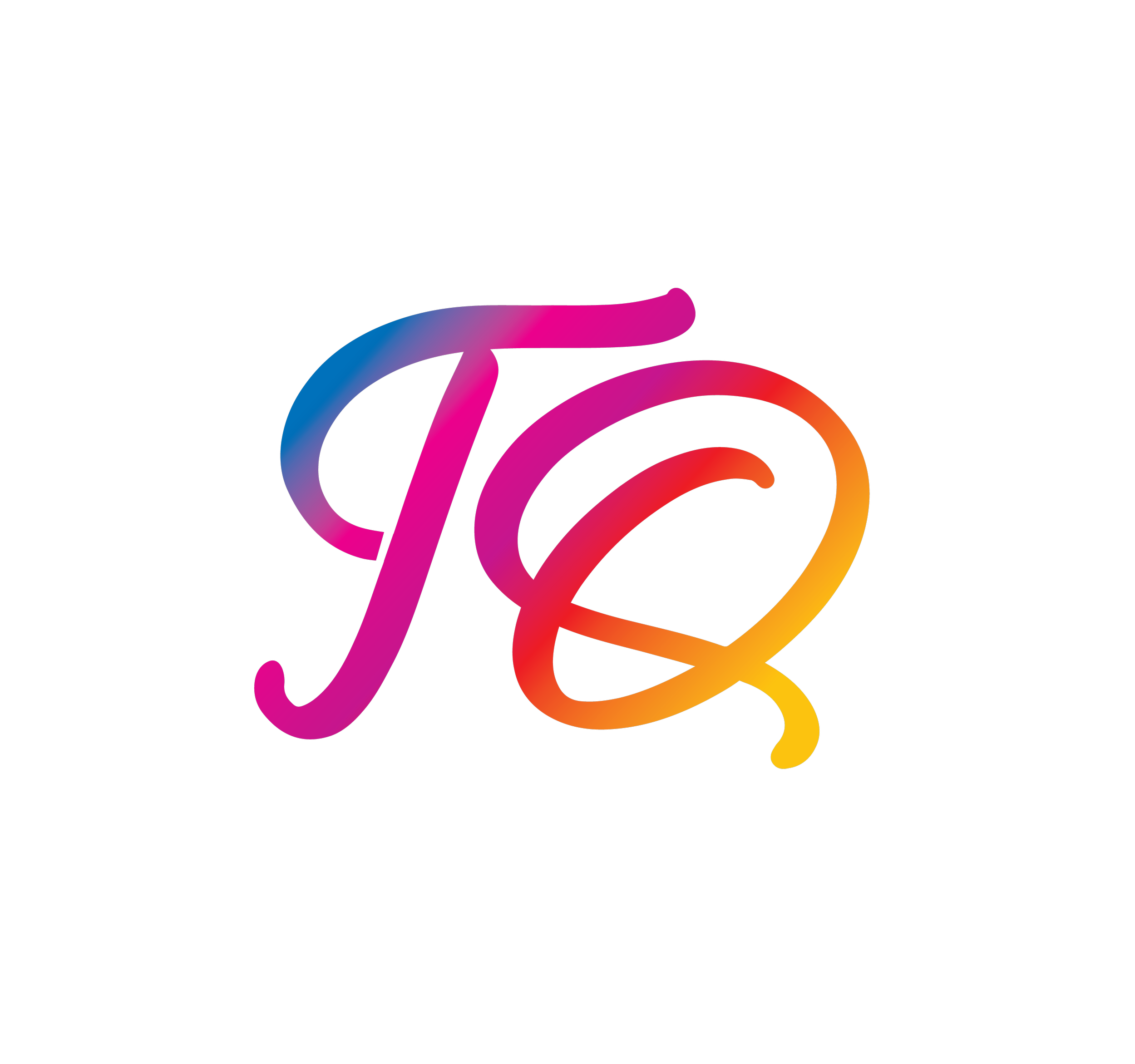 Colorful script letters 'J' and 'g' on a black background with a gradient effect blending blue, pink, orange, and yellow.