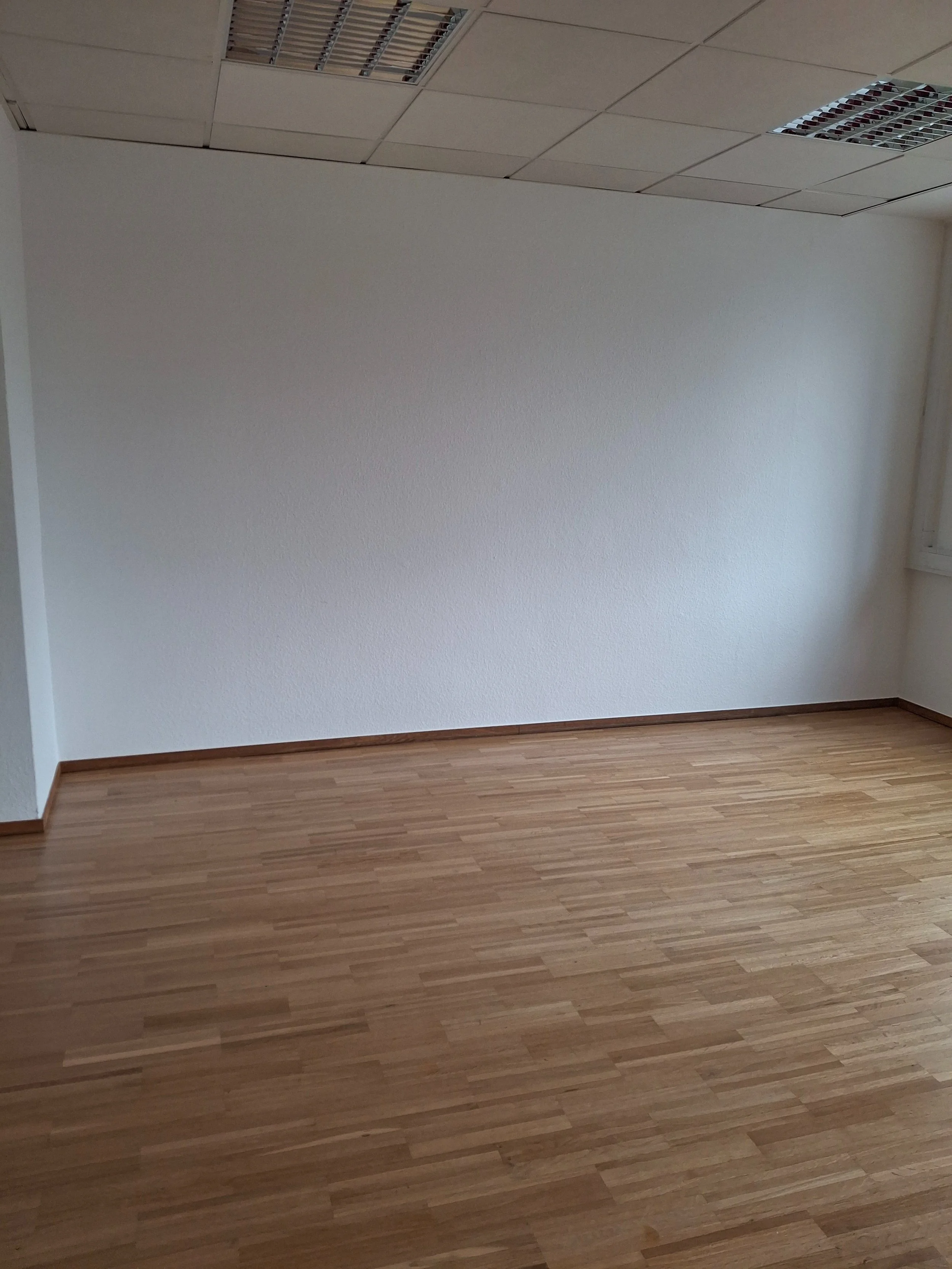 Empty room with white walls, a window on the right, wooden flooring, and ceiling lights.