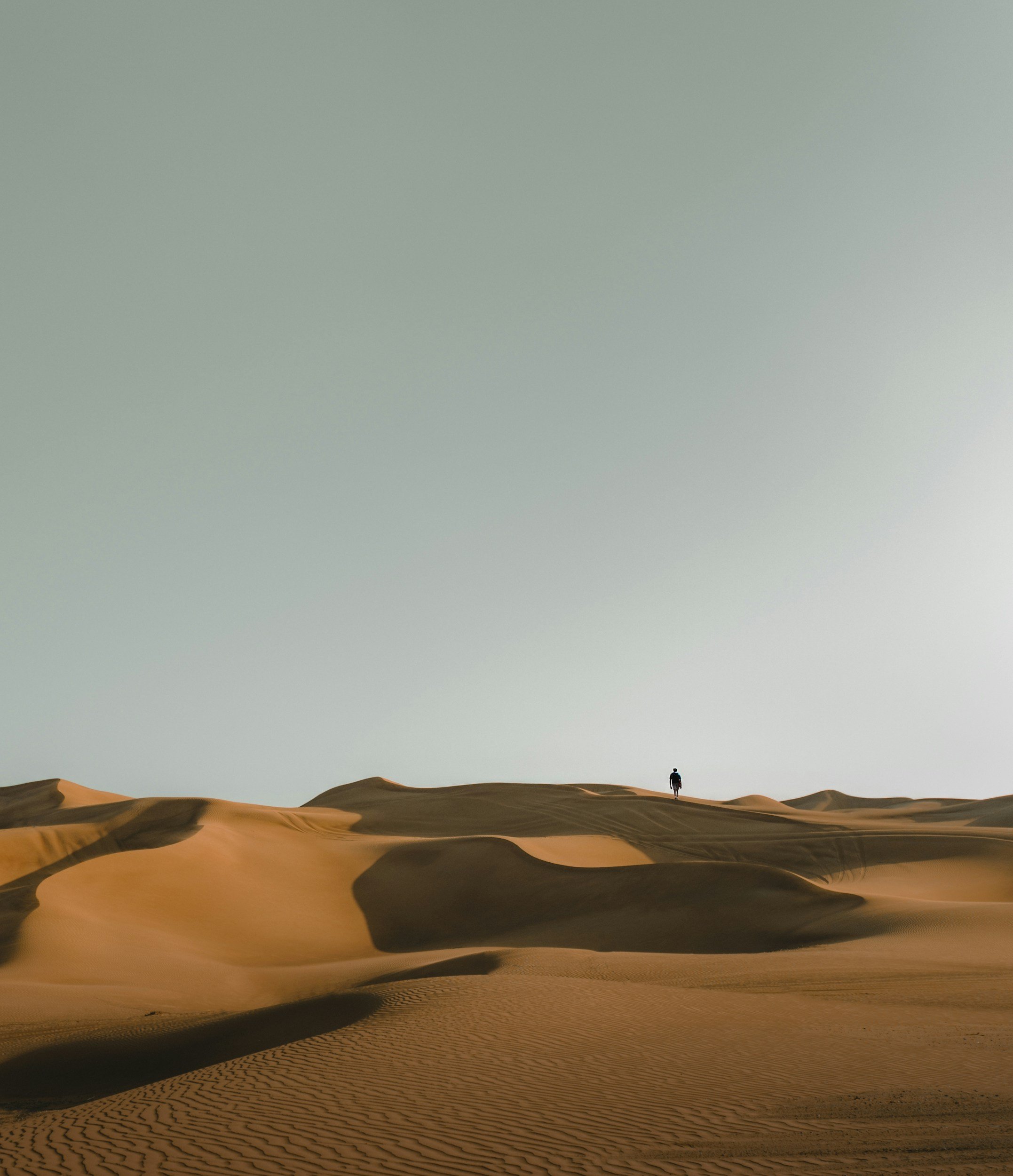A person walking alone in a desert with sand dunes and a clear sky.