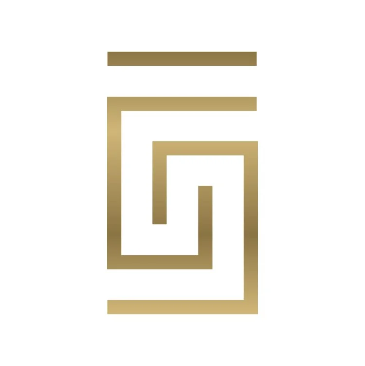 A geometric abstract design with gold-colored lines forming a maze-like pattern on a white background.