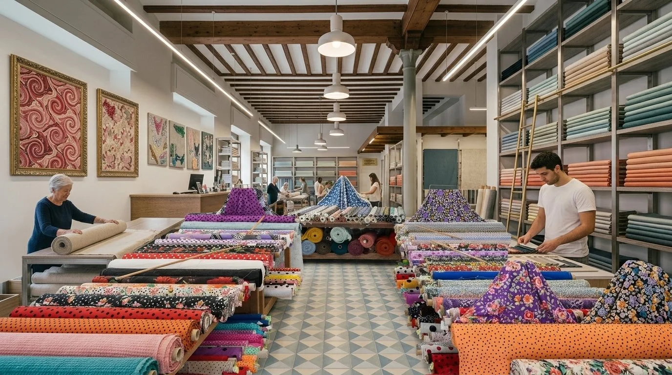 Interior de una tienda de telas con estantes llenos de rollos de tela de diferentes colores y patrones, con varias personas seleccionando telas y decoraciones.
