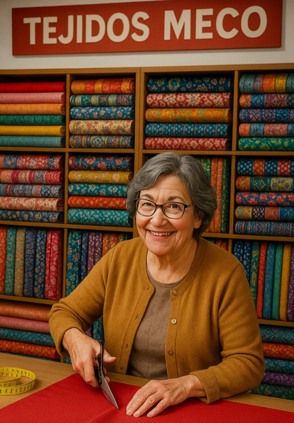 Una mujer mayor con gafas y cabello gris sentado en una mesa, cortando tela roja con tijeras, en una tienda de telas con estantes llenos de telas de colores y patrones diversos, y un cartel que dice 'Tejidos Meco'.