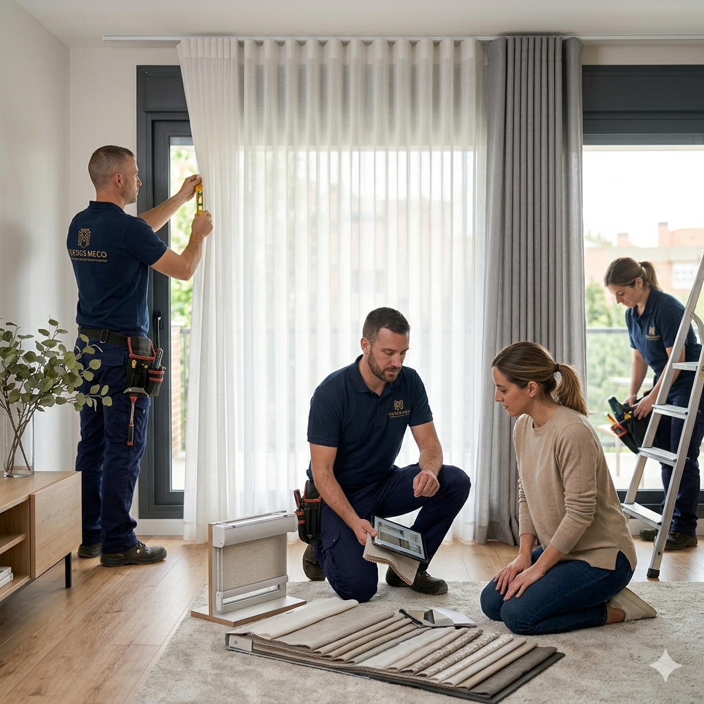 Trabajo de instalación de cortinas en una sala por técnicos con una clienta observando una muestra de tela.