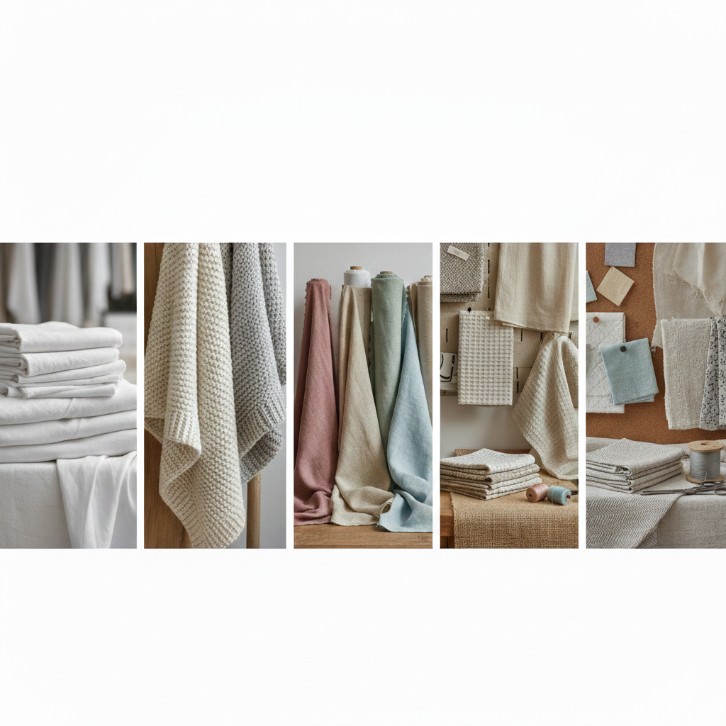 Variedad de textiles y toallas en tonos neutros y pastel, algunos doblados y otros colgados, en un ambiente de tienda de ropa o decoración del hogar.