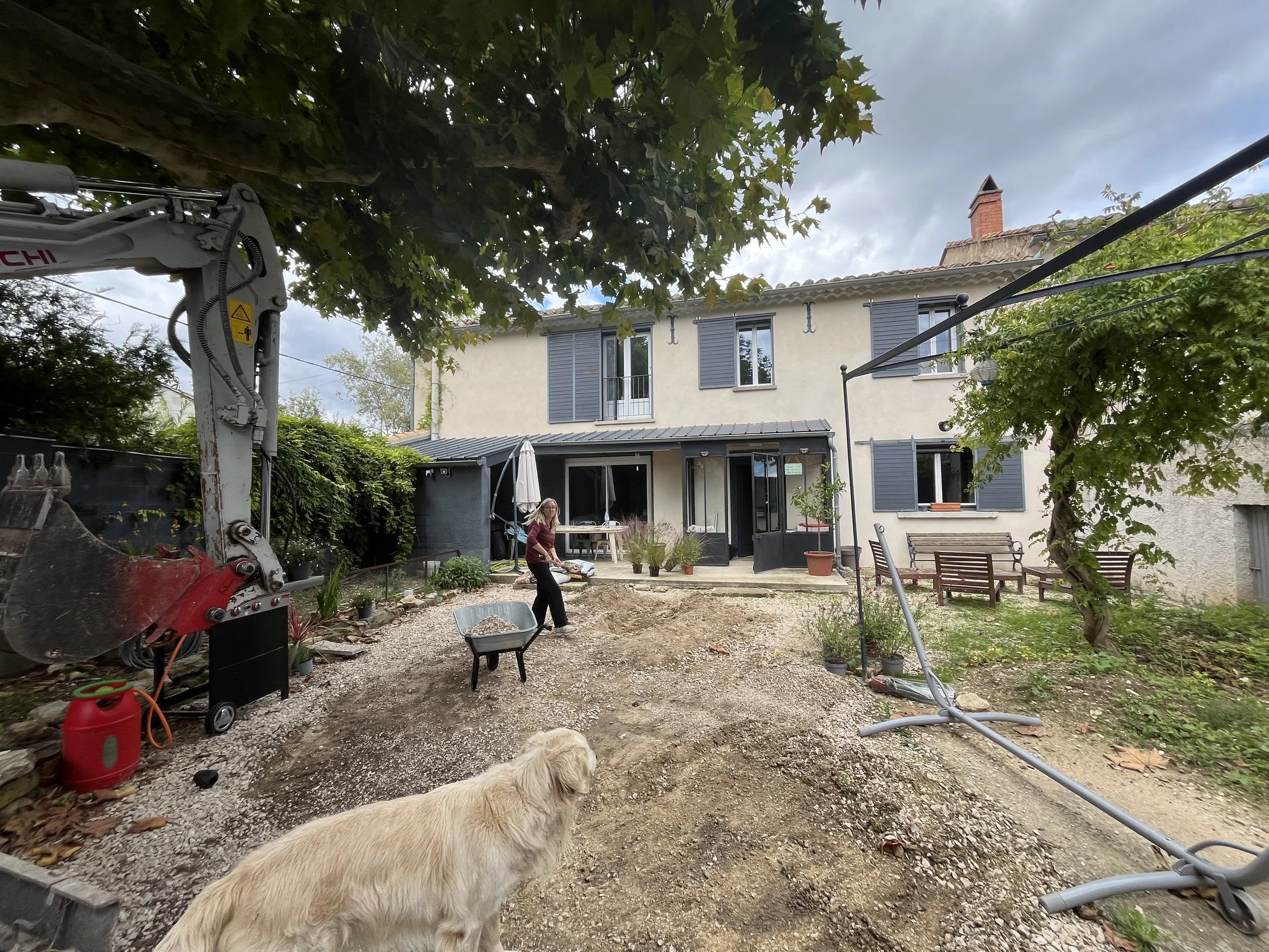 Construction work in the backyard of a house with a woman and a dog, and construction equipment present.
