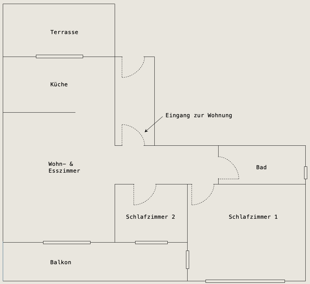 Grundriss einer Wohnung mit Bezeichnungen für Terrasse, Küche, Wohn- & Esszimmer, Schlafzimmer 1 und 2, Bad, Balkon und Eingang zur Wohnung.