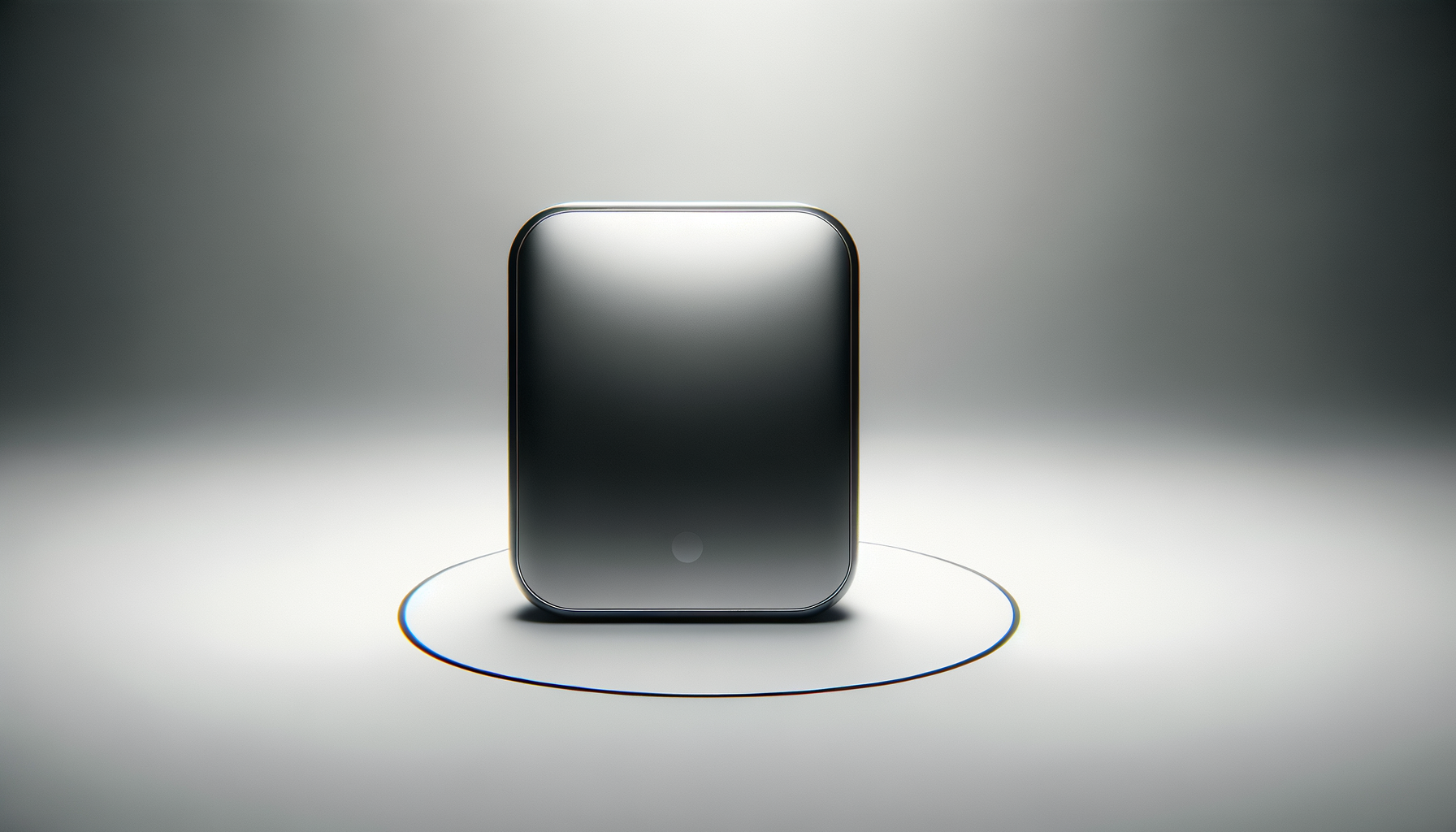 A sleek, modern, metallic rectangular device with rounded edges, standing upright on a white surface with a subtle circular outline beneath it, illuminated with soft lighting.