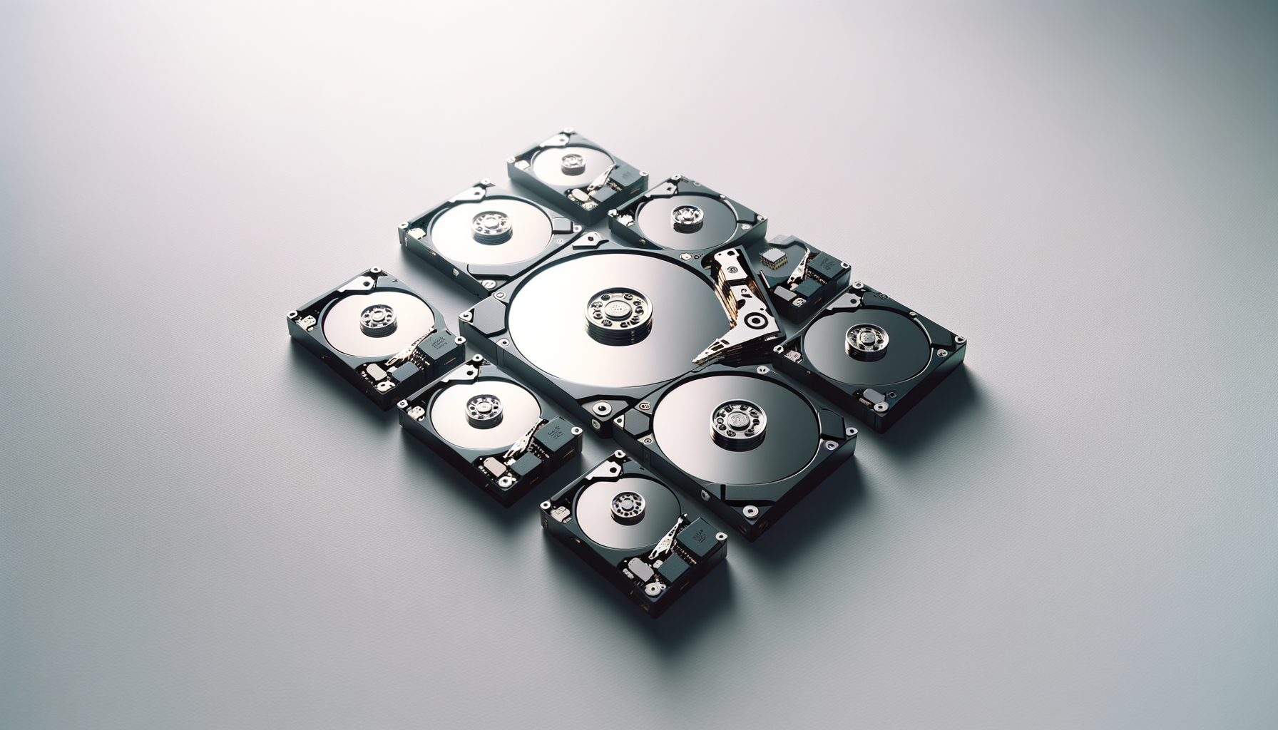 Multiple computer hard drives arranged on a light grey surface.