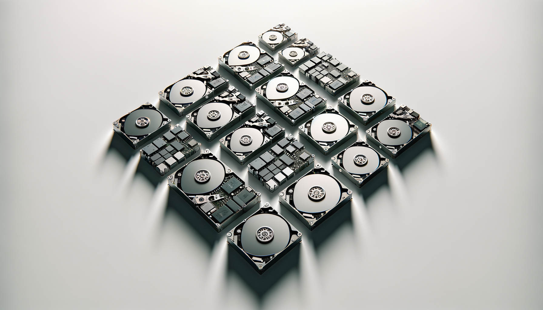 Arrangement of multiple internal hard drives on a white surface, creating a diamond shape.